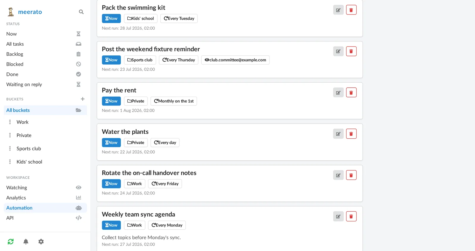 A list of recurring tasks with their bucket, cadence such as Every Monday or Monthly on the 1st, and the next run date