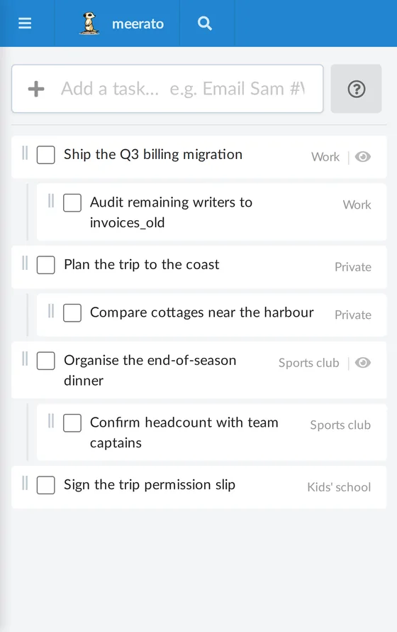 meerato running on a phone, with the task list filling the screen and the sidebar collapsed behind a menu button