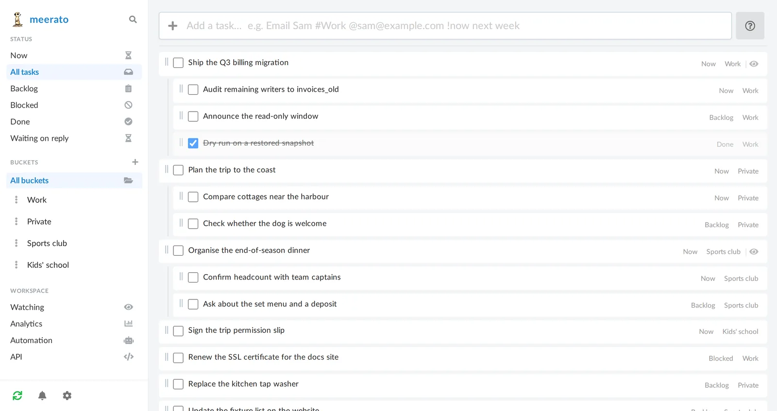 The meerato task list showing tasks from the Work, Private, Sports club and Kids' school buckets, each with a status and its bucket name