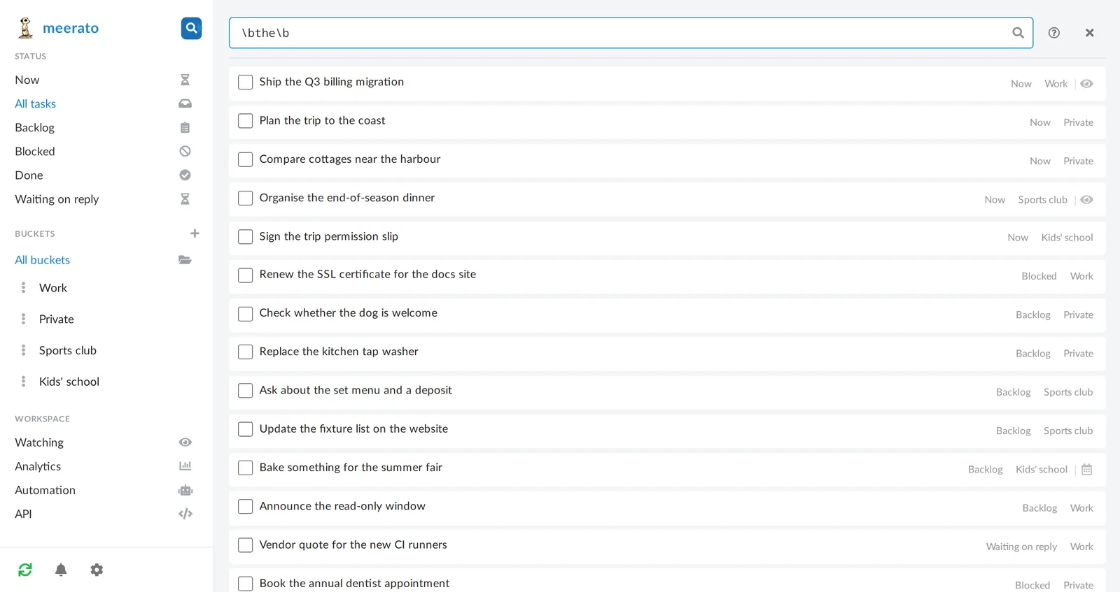 The search bar containing the regular expression \bthe\b, with matching tasks listed below