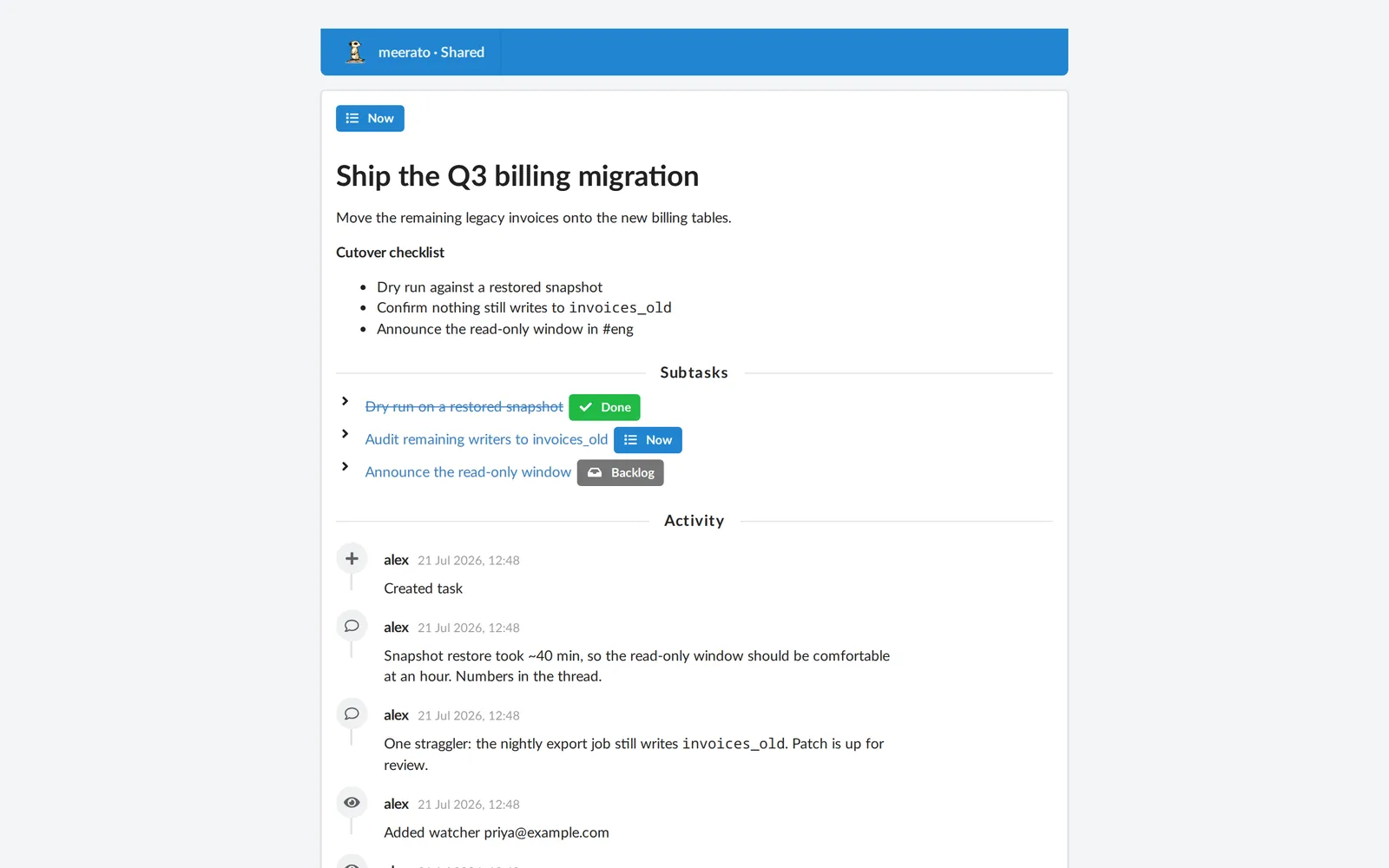 The public share page for a task, showing its status, description, subtasks and activity timeline to a visitor with no account