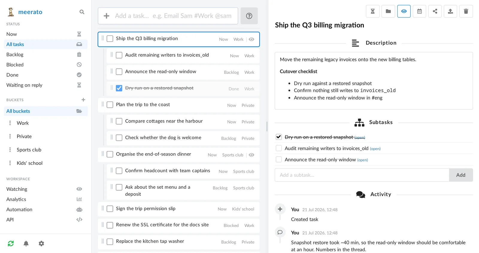 A task detail pane with a markdown description, a subtask checklist, and an activity timeline of comments and status changes